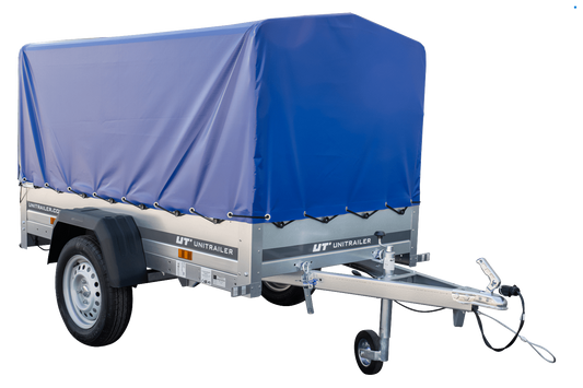 Anhänger Garden Trailer 200 KIPP 200×106 cm 750 kg [mit Hochspriegel, blauer Hochplane und Stützrad]