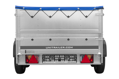 GARDEN TRAILER 264/2 KIPP Zweiachsanhänger mit Stützrad, Planenstützen, Bordwandaufsätzen und blauer Flachplane