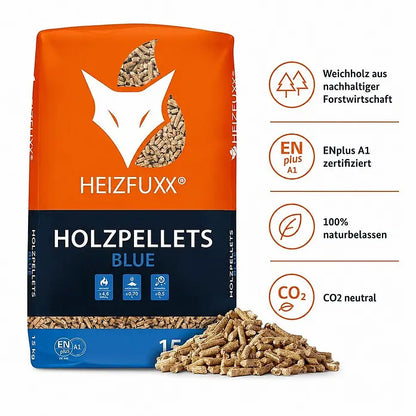 Blue ENplus A1 Holzpellets Weichholz 15kg x 65 Sack 975kg Palette