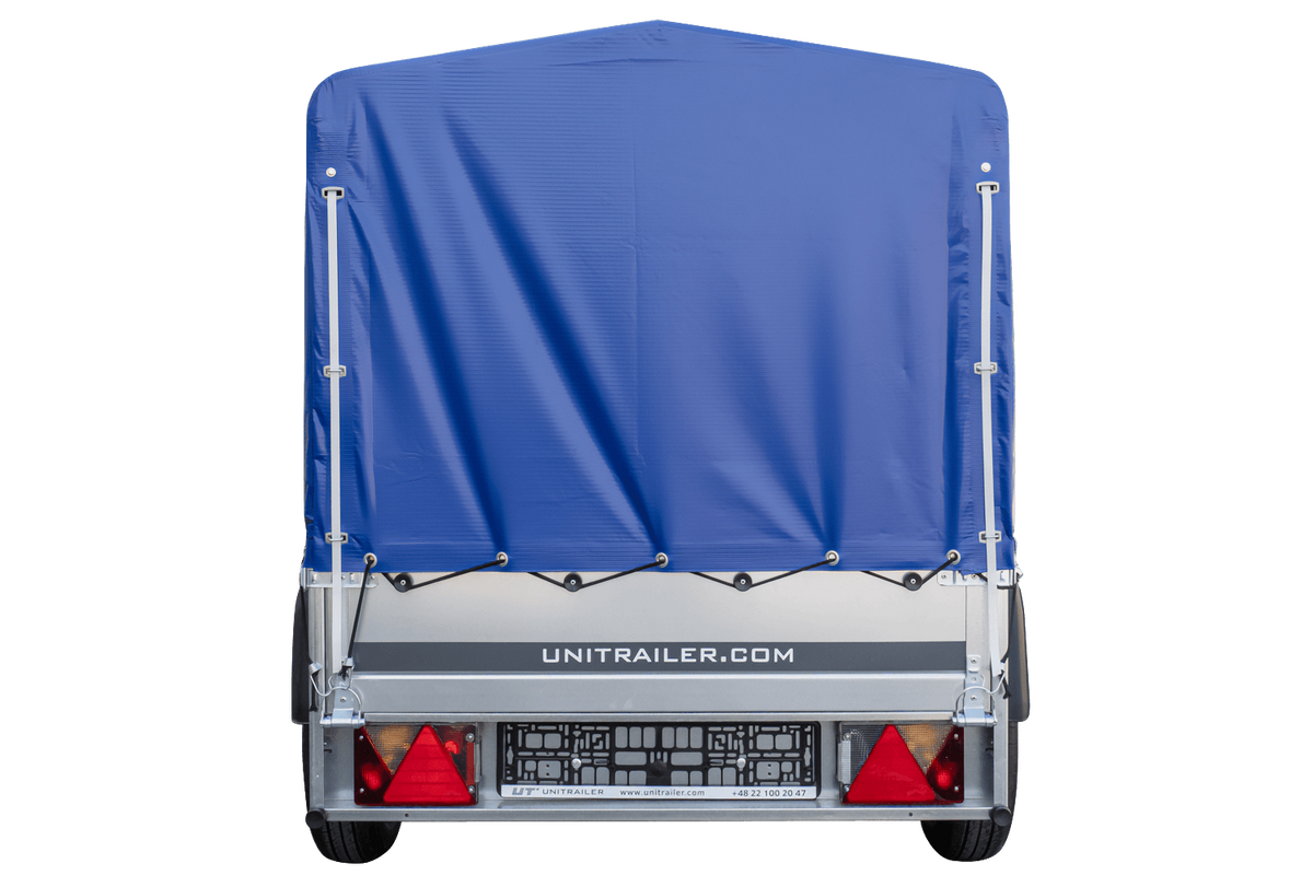 Anhänger Garden Trailer 200 KIPP 200×106 cm 750 kg [mit Hochspriegel, blauer Hochplane und Stützrad]