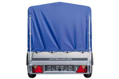 Anhänger Garden Trailer 200 KIPP 200×106 cm 750 kg [mit Hochspriegel, blauer Hochplane und Stützrad]