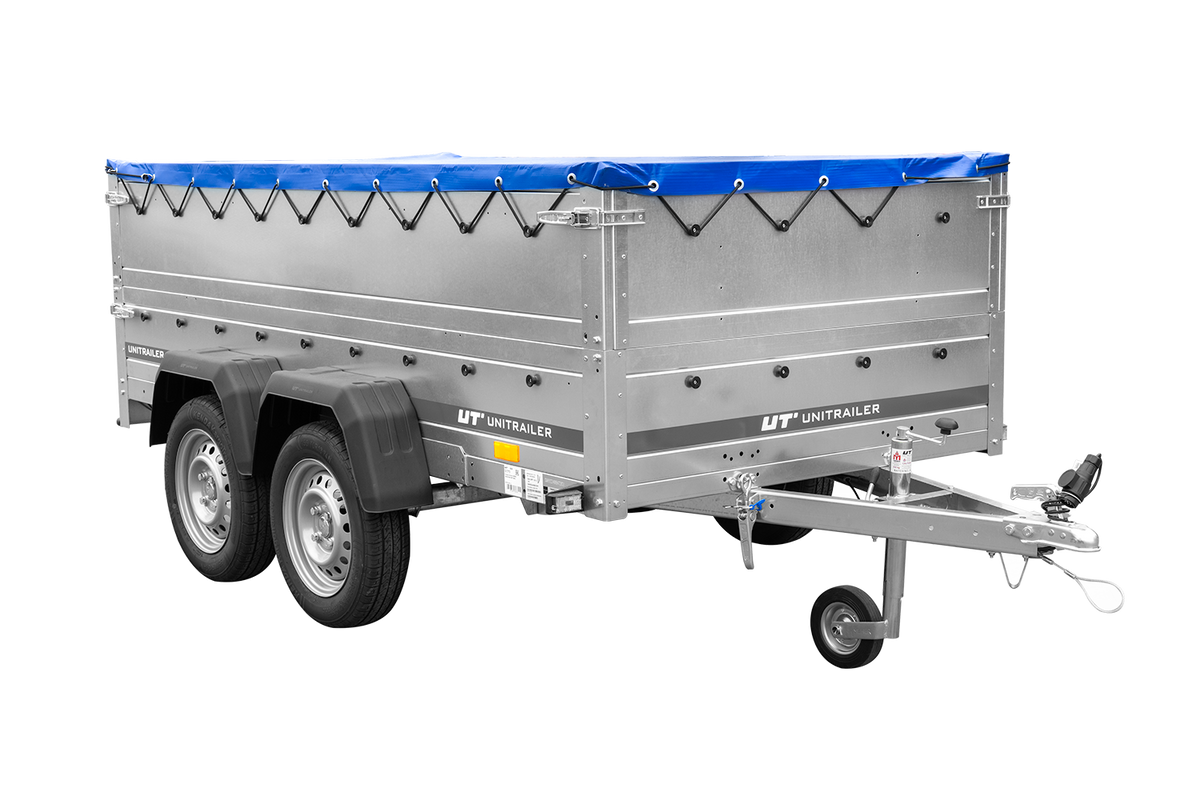 GARDEN TRAILER 264/2 KIPP Zweiachsanhänger mit Stützrad, Planenstützen, Bordwandaufsätzen und blauer Flachplane