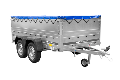 GARDEN TRAILER 264/2 KIPP Zweiachsanhänger mit Stützrad, Planenstützen, Bordwandaufsätzen und blauer Flachplane