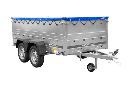 GARDEN TRAILER 264/2 KIPP Zweiachsanhänger mit Stützrad, Planenstützen, Bordwandaufsätzen und blauer Flachplane