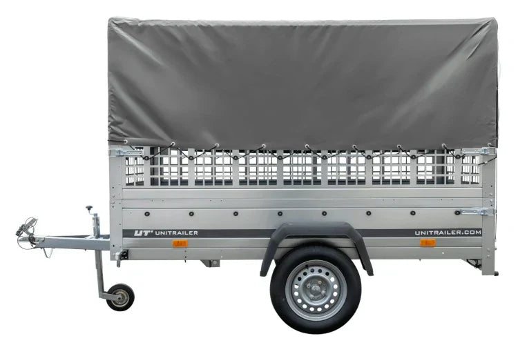 Garden Trailer 230 KIPP Anhänger 230 × 125 cm mit grauer Hochplane, Gitterbordwandaufsätzen und Stützrad