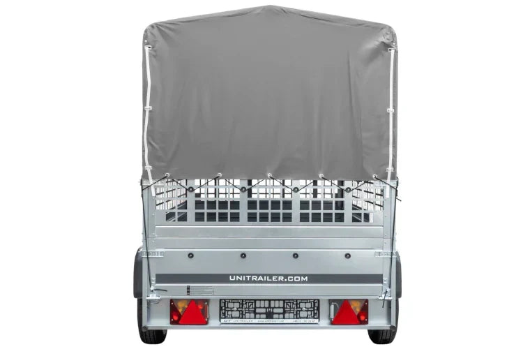 Garden Trailer 230 KIPP Anhänger 230 × 125 cm mit grauer Hochplane, Gitterbordwandaufsätzen und Stützrad