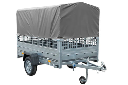 Garden Trailer 230 KIPP Anhänger 230 × 125 cm mit grauer Hochplane, Gitterbordwandaufsätzen und Stützrad