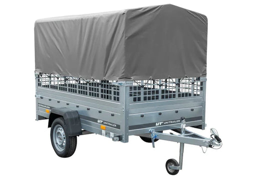 Garden Trailer 230 KIPP Anhänger 230 × 125 cm mit grauer Hochplane, Gitterbordwandaufsätzen und Stützrad