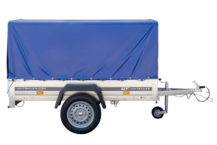 Anhänger Garden Trailer 200 KIPP 200×106 cm 750 kg [mit Hochspriegel, blauer Hochplane und Stützrad]