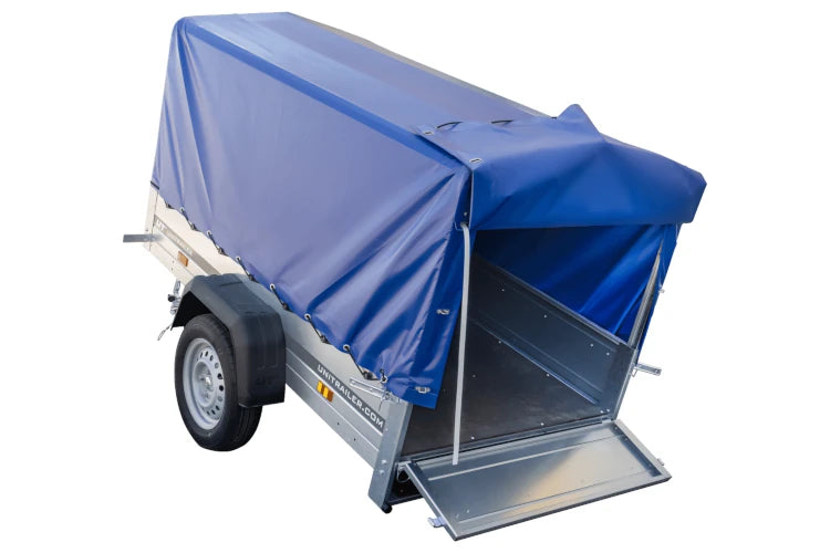 Anhänger Garden Trailer 200 KIPP 200×106 cm 750 kg [mit Hochspriegel, blauer Hochplane und Stützrad]
