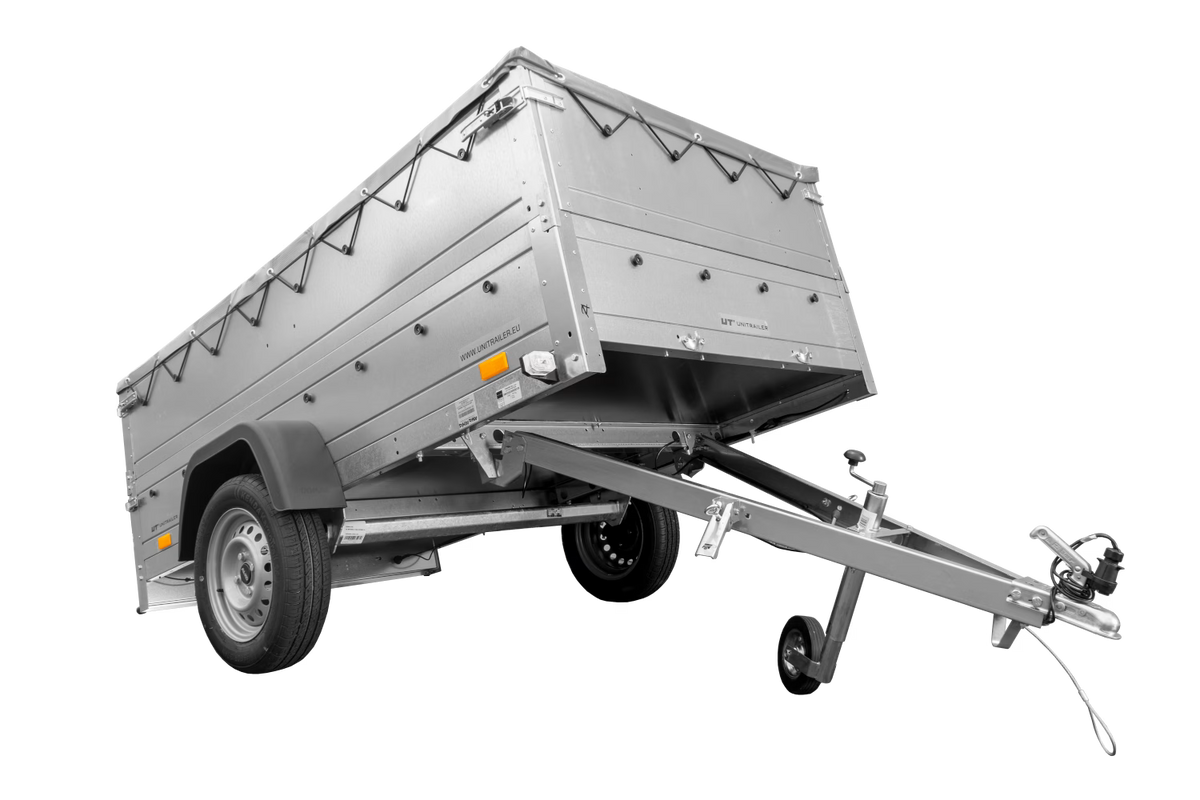 Garden Trailer 230 KIPP Anhänger 230 × 125 cm mit grauer Flachplane, H-0-Planenstützen, Bordwandaufsätzen und Stützrad