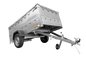 Garden Trailer 230 KIPP Anhänger 230 × 125 cm mit grauer Flachplane, H-0-Planenstützen, Bordwandaufsätzen und Stützrad