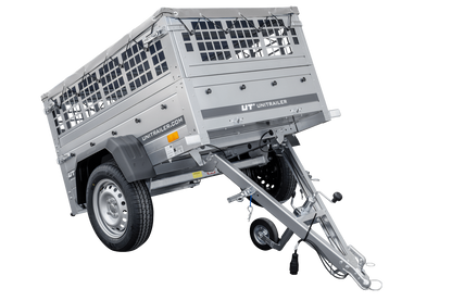 Kleiner Anhänger Garden Trailer 150 KIPP mit grauer Flachplane und Stützrad