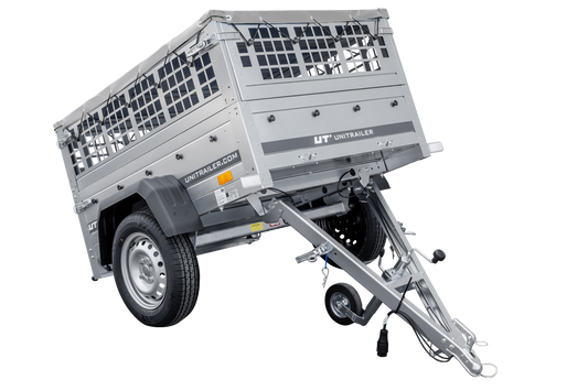 Kleiner Anhänger Garden Trailer 150 KIPP mit grauer Flachplane und Stützrad