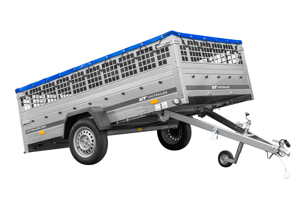 UNITRAILER GARDEN 265 KIPP Anhänger 264 × 150 cm mit Gitteraufsatz, H-0-Gestell und blauer Plane