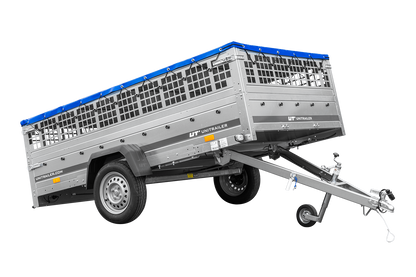UNITRAILER GARDEN 265 KIPP Anhänger 264 × 150 cm mit Gitteraufsatz, H-0-Gestell und blauer Plane