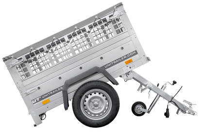 Kleiner Anhänger Garden Trailer 150 KIPP mit grauer Flachplane und Stützrad