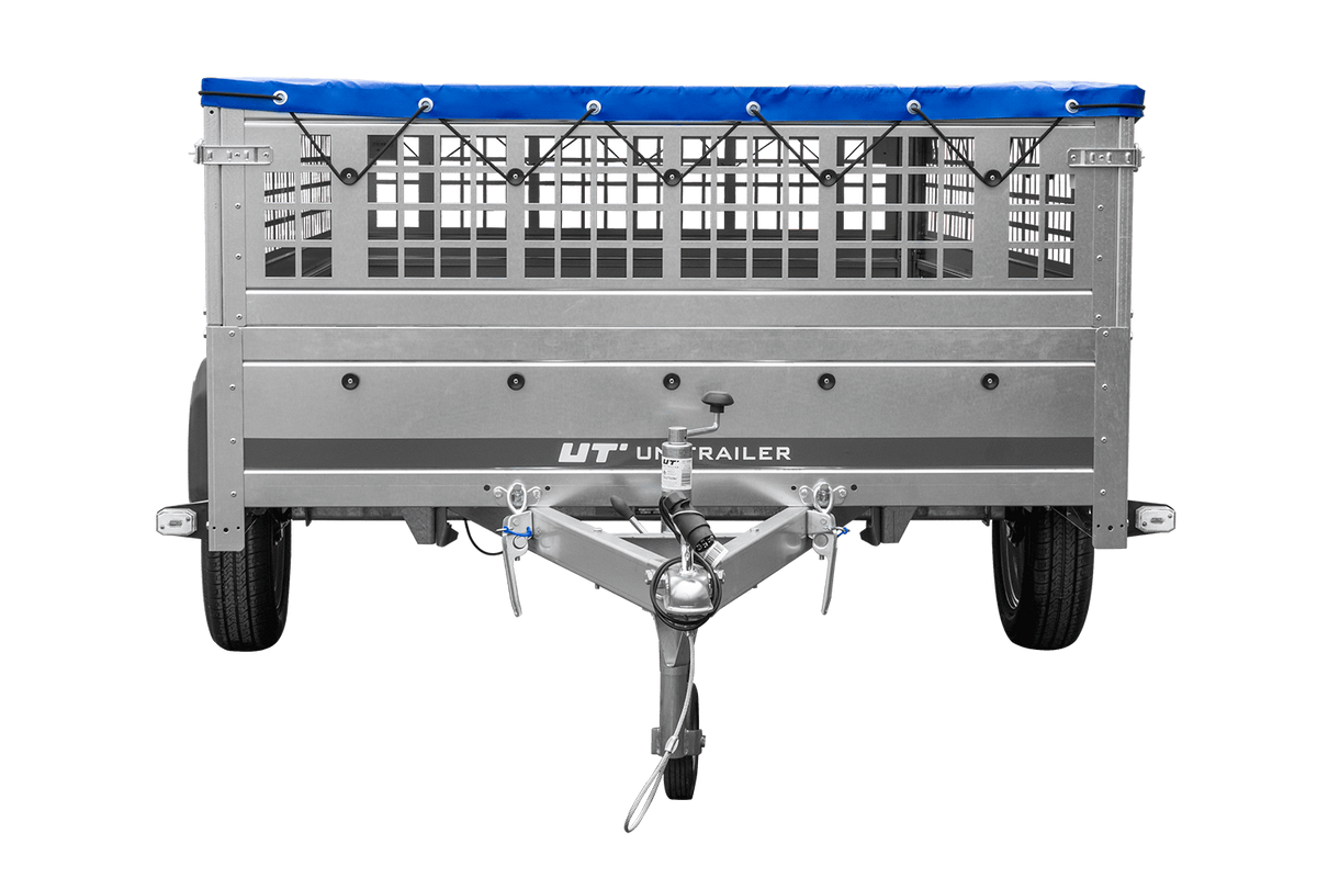 UNITRAILER GARDEN 265 KIPP Anhänger 264 × 150 cm mit Gitteraufsatz, H-0-Gestell und blauer Plane