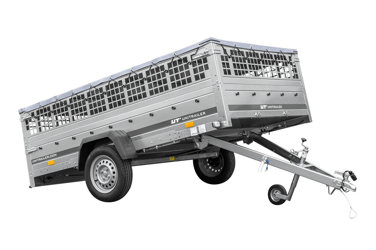 UNITRAILER GARDEN 265 KIPP Anhänger 264 × 150 cm mit Gitteraufsatz, H-0-Gestell und grauer Plane