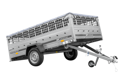 UNITRAILER GARDEN 265 KIPP Anhänger 264 × 150 cm mit Gitteraufsatz, H-0-Gestell und grauer Plane