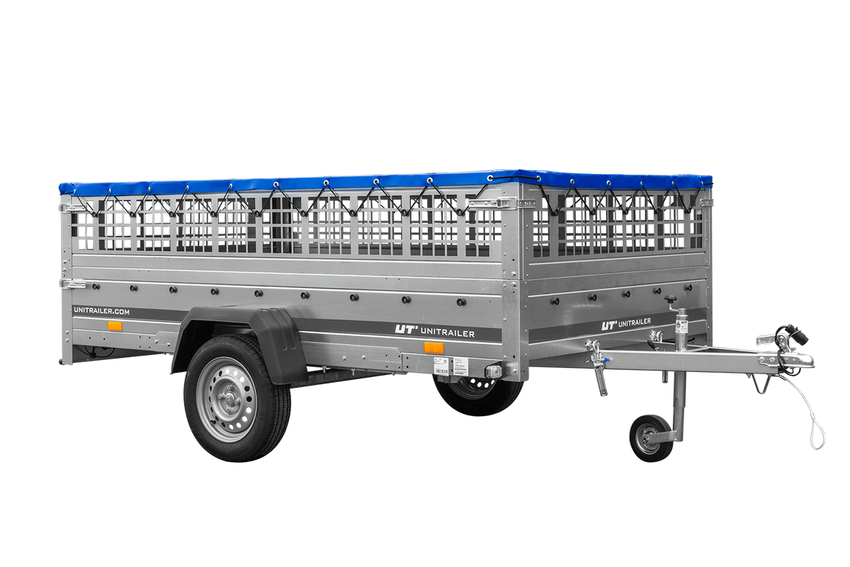 UNITRAILER GARDEN 265 KIPP Anhänger 264 × 150 cm mit Gitteraufsatz, H-0-Gestell und blauer Plane