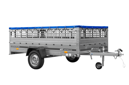 UNITRAILER GARDEN 265 KIPP Anhänger 264 × 150 cm mit Gitteraufsatz, H-0-Gestell und blauer Plane