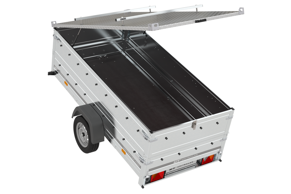 Garden Trailer 264 KIPP leichter Anhänger mit Aluminiumdeckel, BIS-Bordwandaufsätzen und Stützrad