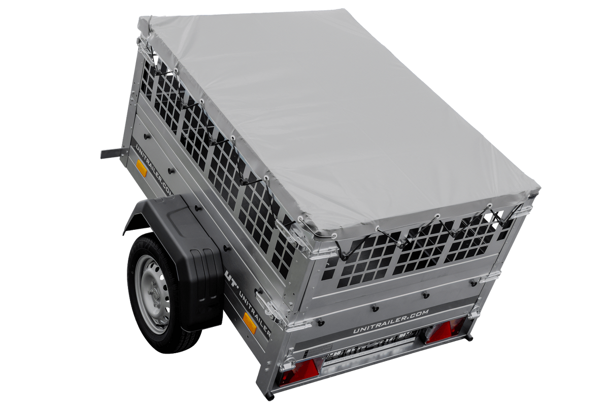 Kleiner Anhänger Garden Trailer 150 KIPP mit grauer Flachplane und Stützrad