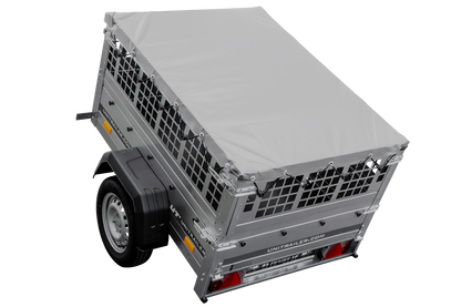 Kleiner Anhänger Garden Trailer 150 KIPP mit grauer Flachplane und Stützrad
