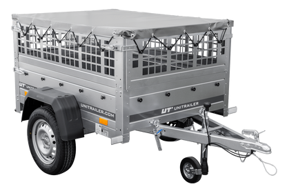 Kleiner Anhänger Garden Trailer 150 KIPP mit grauer Flachplane und Stützrad
