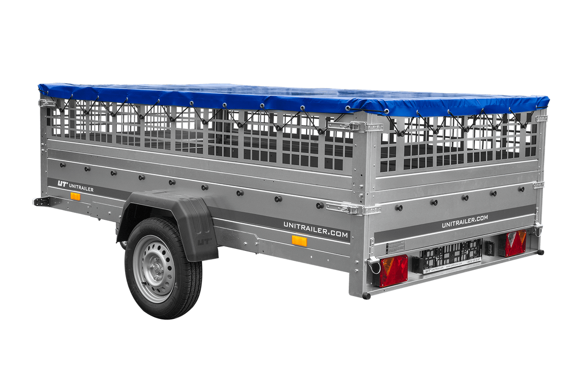 UNITRAILER GARDEN 265 KIPP Anhänger 264 × 150 cm mit Gitteraufsatz, H-0-Gestell und blauer Plane