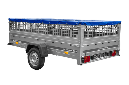 UNITRAILER GARDEN 265 KIPP Anhänger 264 × 150 cm mit Gitteraufsatz, H-0-Gestell und blauer Plane
