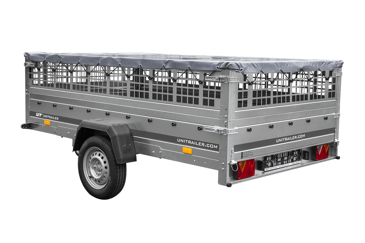 UNITRAILER GARDEN 265 KIPP Anhänger 264 × 150 cm mit Gitteraufsatz, H-0-Gestell und grauer Plane