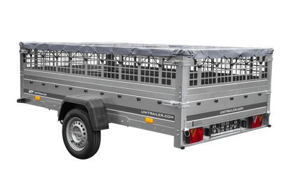 UNITRAILER GARDEN 265 KIPP Anhänger 264 × 150 cm mit Gitteraufsatz, H-0-Gestell und grauer Plane