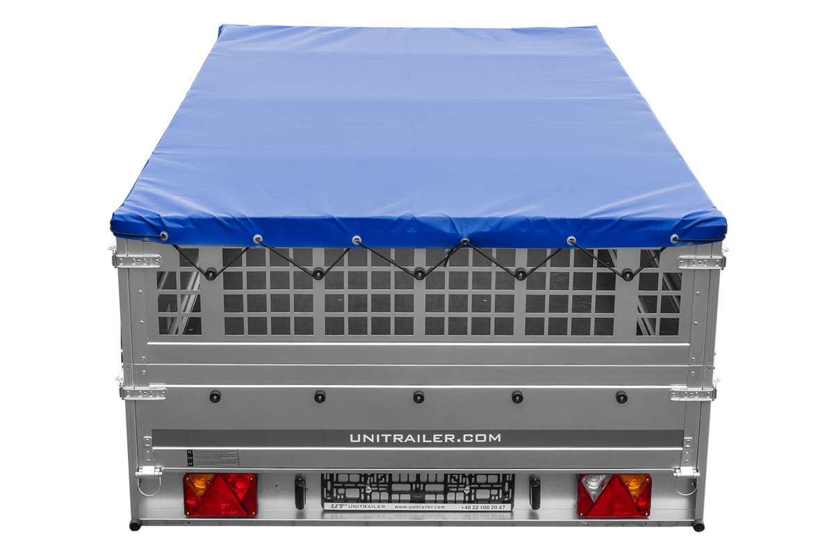 UNITRAILER GARDEN 265 KIPP Anhänger 264 × 150 cm mit Gitteraufsatz, H-0-Gestell und blauer Plane