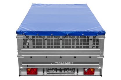 UNITRAILER GARDEN 265 KIPP Anhänger 264 × 150 cm mit Gitteraufsatz, H-0-Gestell und blauer Plane