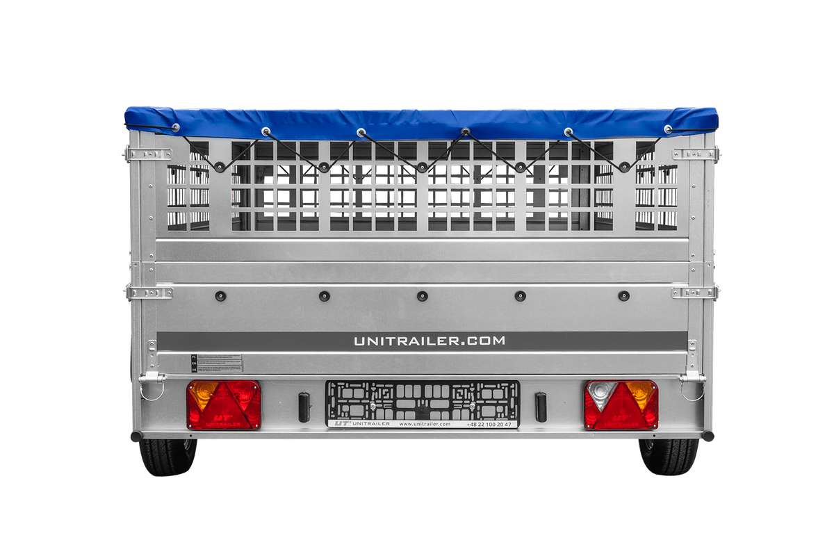 UNITRAILER GARDEN 265 KIPP Anhänger 264 × 150 cm mit Gitteraufsatz, H-0-Gestell und blauer Plane