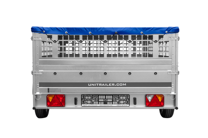 UNITRAILER GARDEN 265 KIPP Anhänger 264 × 150 cm mit Gitteraufsatz, H-0-Gestell und blauer Plane
