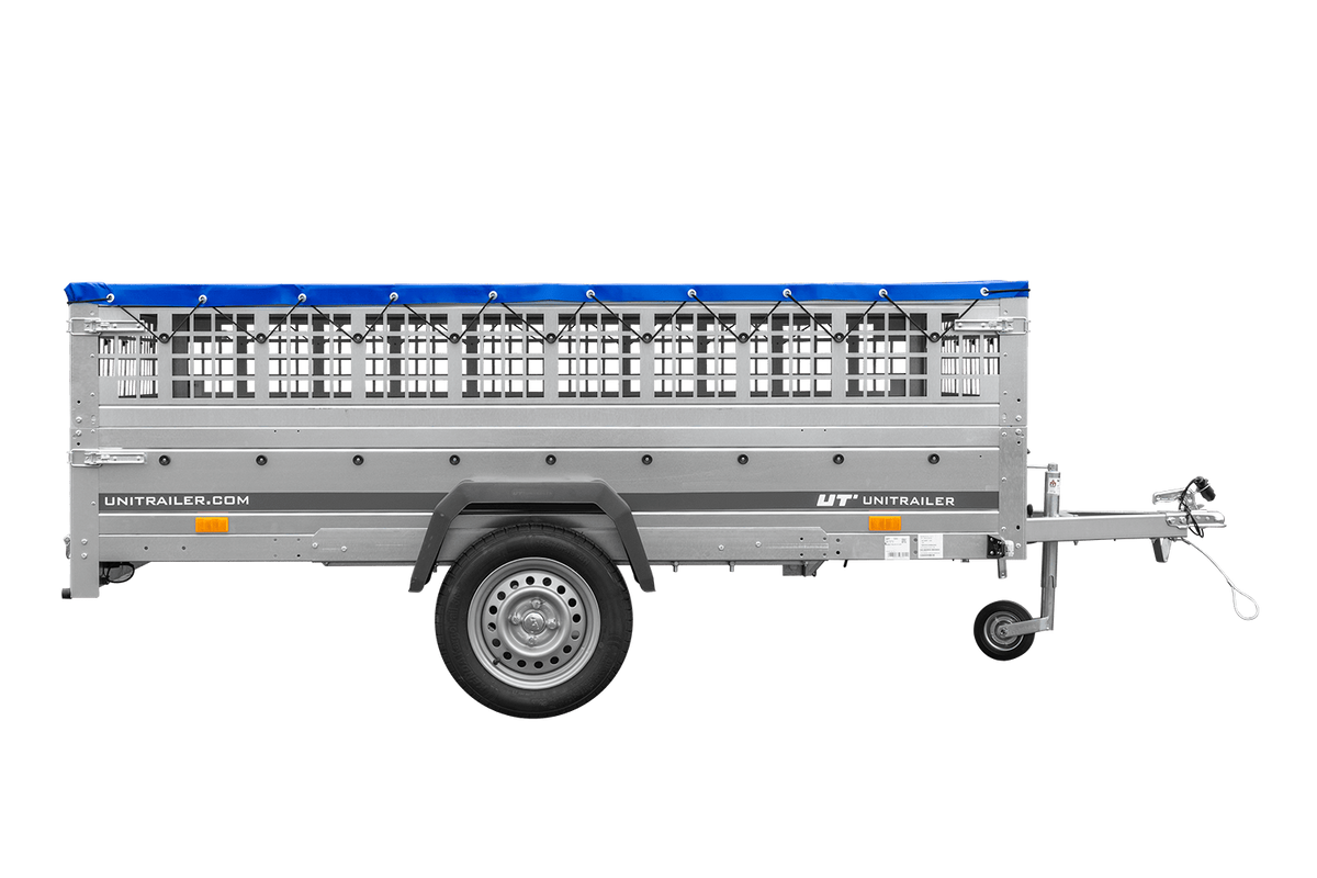 UNITRAILER GARDEN 265 KIPP Anhänger 264 × 150 cm mit Gitteraufsatz, H-0-Gestell und blauer Plane