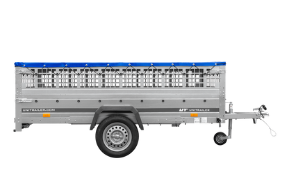 UNITRAILER GARDEN 265 KIPP Anhänger 264 × 150 cm mit Gitteraufsatz, H-0-Gestell und blauer Plane