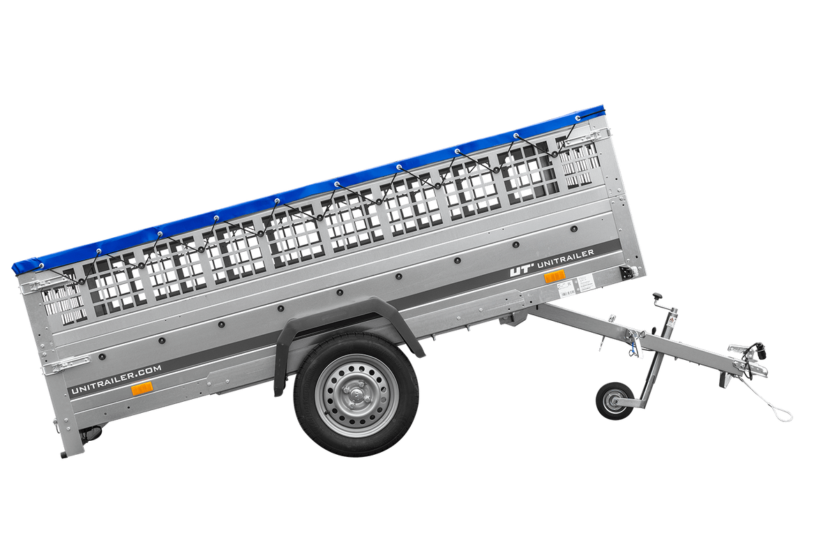 UNITRAILER GARDEN 265 KIPP Anhänger 264 × 150 cm mit Gitteraufsatz, H-0-Gestell und blauer Plane