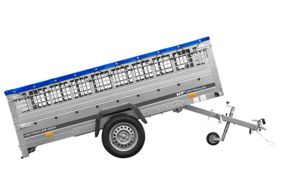 UNITRAILER GARDEN 265 KIPP Anhänger 264 × 150 cm mit Gitteraufsatz, H-0-Gestell und blauer Plane