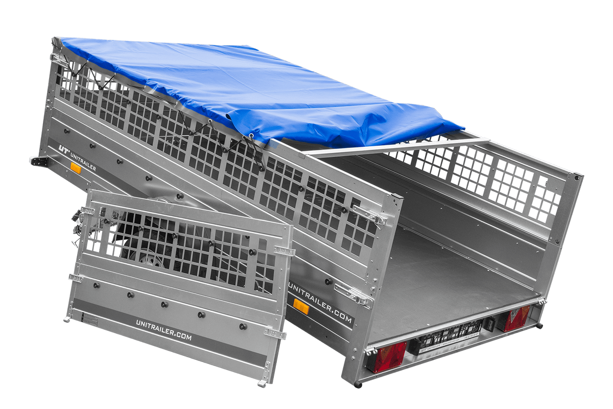 UNITRAILER GARDEN 265 KIPP Anhänger 264 × 150 cm mit Gitteraufsatz, H-0-Gestell und blauer Plane