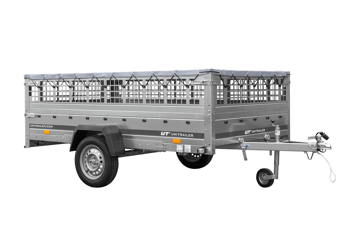UNITRAILER GARDEN 265 KIPP Anhänger 264 × 150 cm mit Gitteraufsatz, H-0-Gestell und grauer Plane