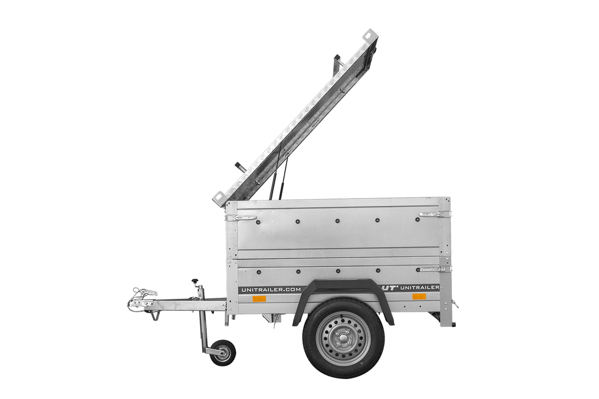 UNITRAILER GARDEN 150 KIPP Einachsanhänger 150 × 106 cm mit BIS-Bordwandaufsätzen und Aluminiumdeckel
