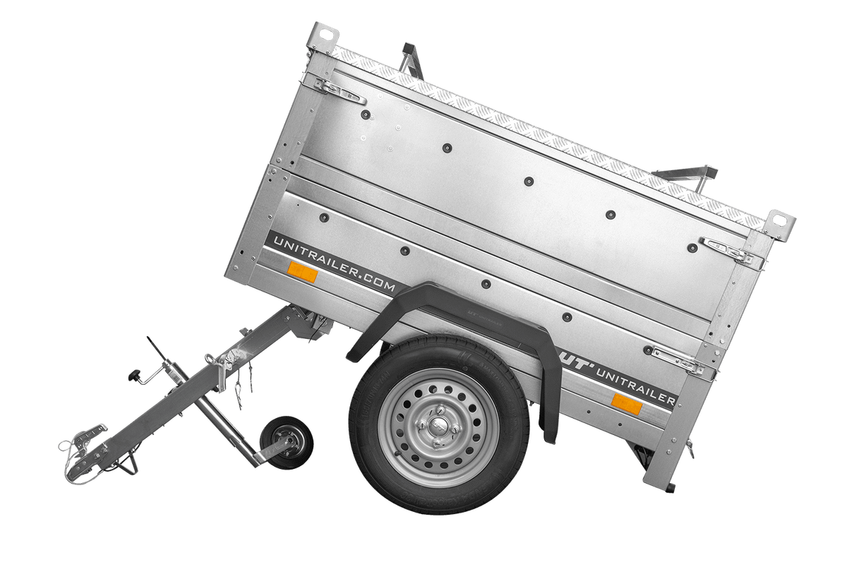 UNITRAILER GARDEN 150 KIPP Einachsanhänger 150 × 106 cm mit BIS-Bordwandaufsätzen und Aluminiumdeckel