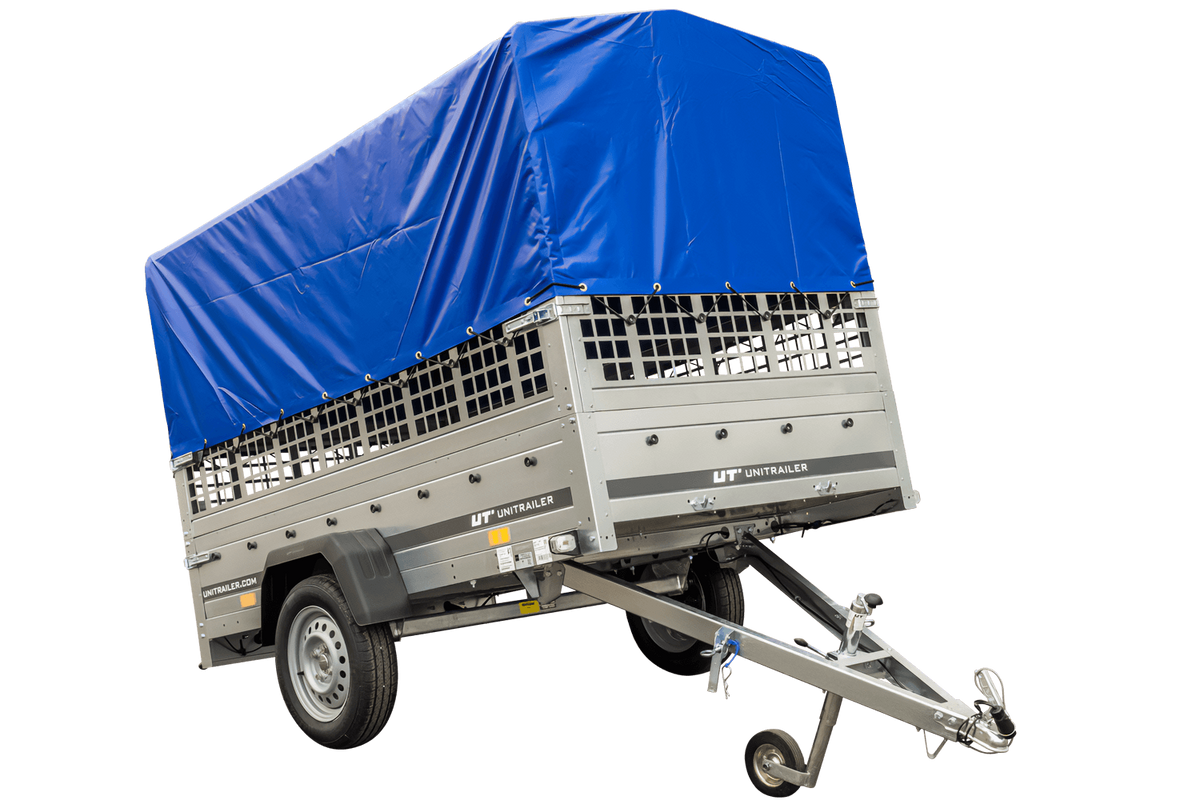 Gebrauchter Garden Trailer 230 KIPP Anhänger mit Gitteraufsätzen, blauer Hochplane und Stützrad