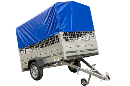 Gebrauchter Garden Trailer 230 KIPP Anhänger mit Gitteraufsätzen, blauer Hochplane und Stützrad