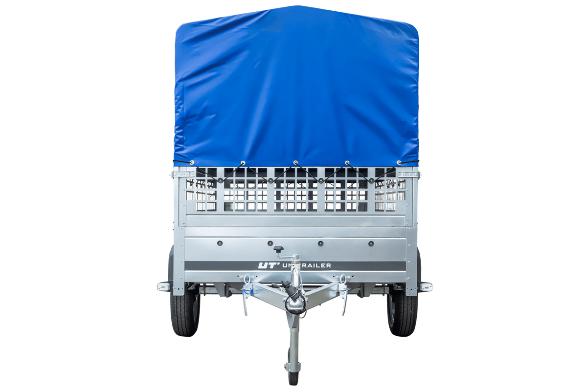 Gebrauchter Garden Trailer 230 KIPP Anhänger mit Gitteraufsätzen, blauer Hochplane und Stützrad