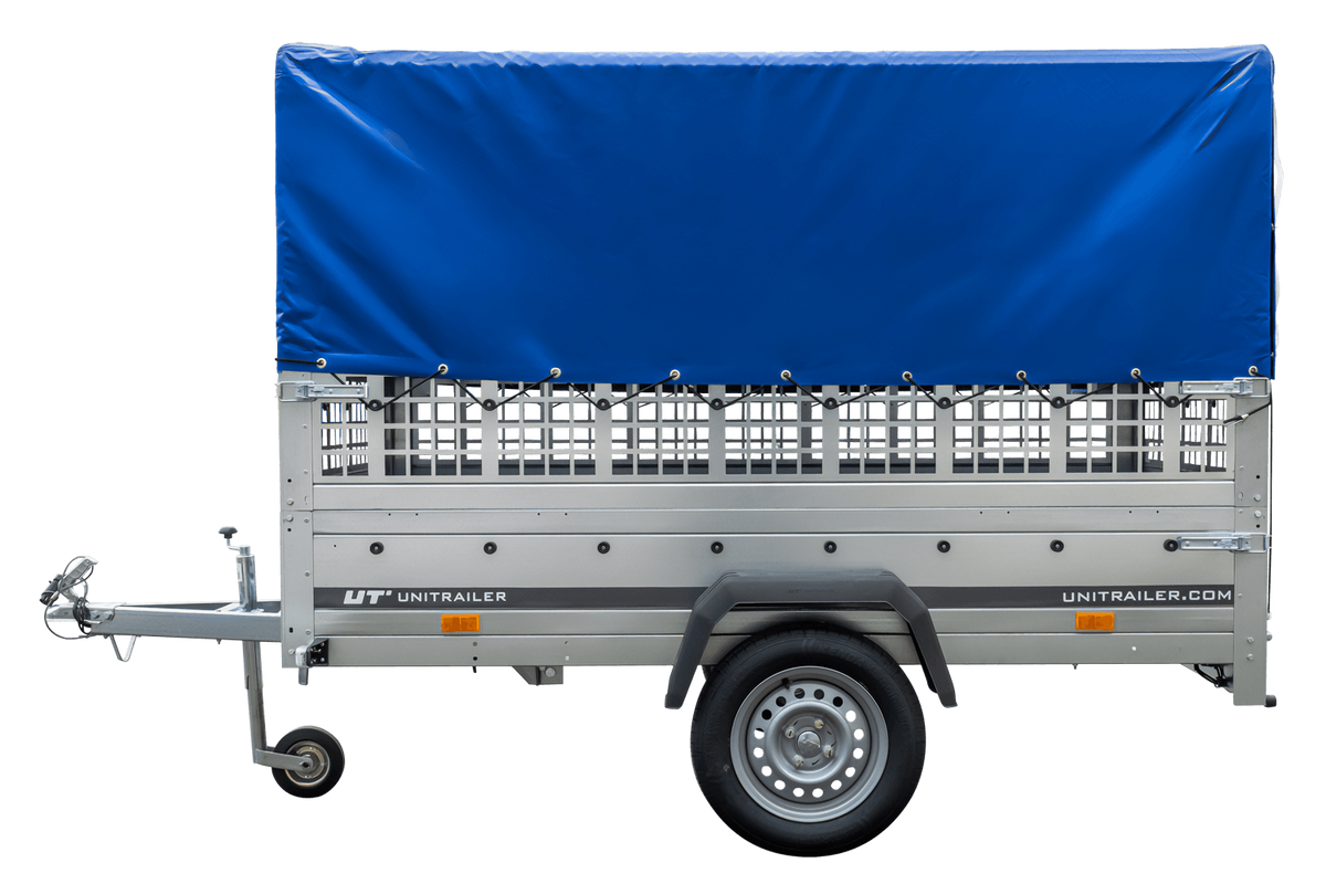 Gebrauchter Garden Trailer 230 KIPP Anhänger mit Gitteraufsätzen, blauer Hochplane und Stützrad